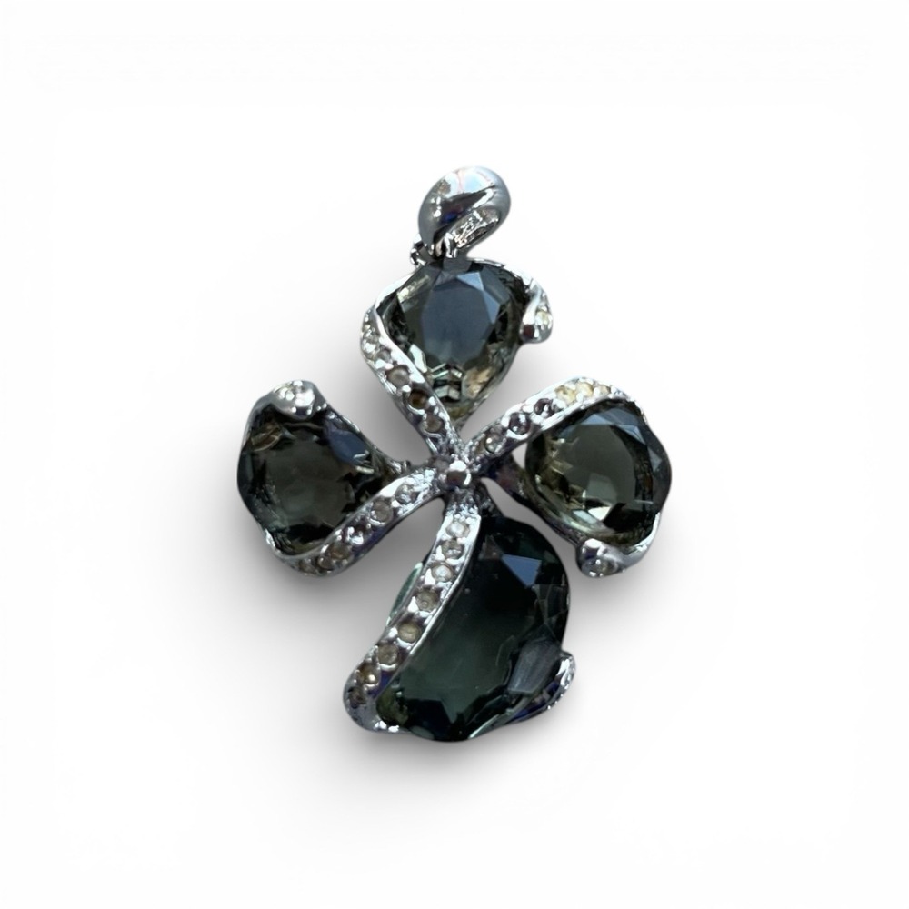 Silver Tone Cross Pendant Smoky Glass Crystal Rhinestone Statement 2 In No Chain